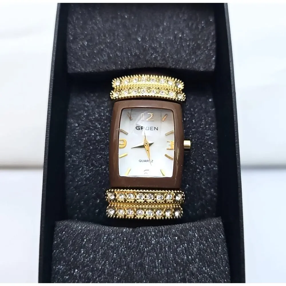 Gruen Womens Wrist Watch Brown Hard Bracelet Band Gold Details White Face Quartz